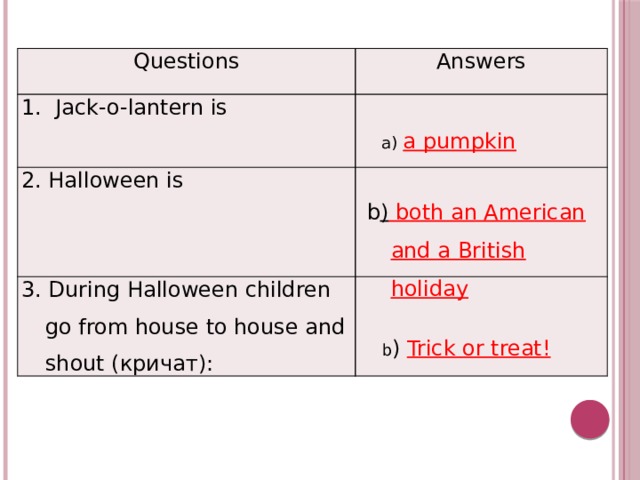 Questions Answers 1. Jack-o-lantern is 2. Halloween is 3. During Halloween children go from house to house and shout (кричат): a) a pumpkin b ) both an American and a British holiday b ) Trick or treat! 