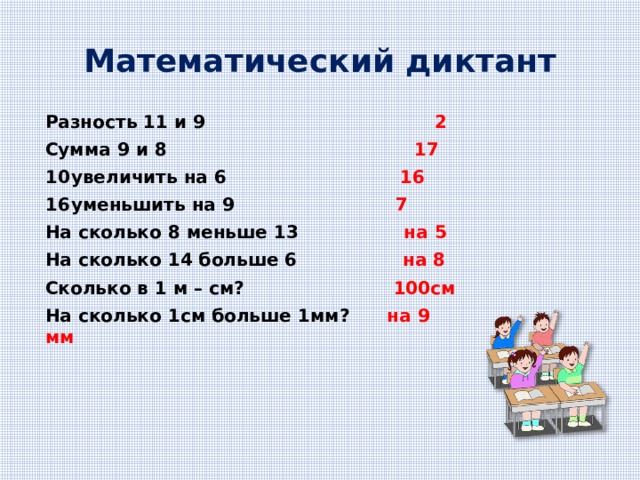Математический диктант Разность 11 и 9 2 Сумма 9 и 8 17 увеличить на 6 16 уменьшить на 9 7 На сколько 8 меньше 13 на 5 На сколько 14 больше 6 на 8 Сколько в 1 м – см? 100см На сколько 1см больше 1мм? на 9 мм 