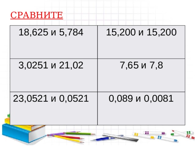 СРАВНИТЕ 18,625 и 5,784   15,200 и 15,200 3,0251 и 21,02   7,65 и 7,8 23,0521 и 0,0521   0,089 и 0,0081 