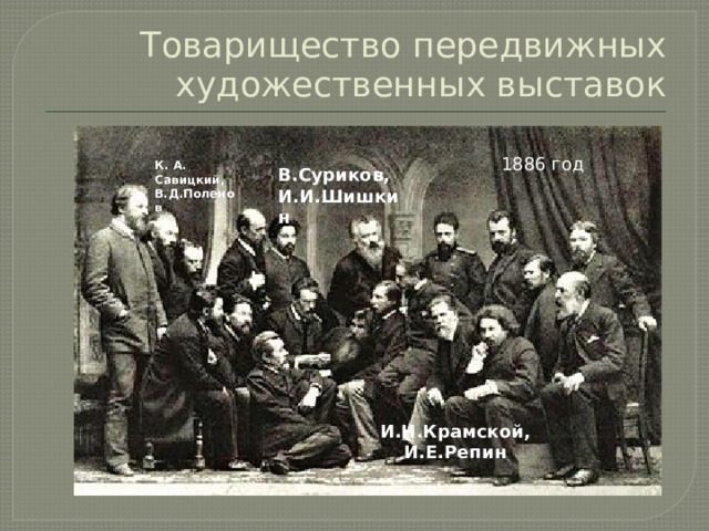 Товарищество передвижных художественных выставок 1886 год К. А. Савицкий, В.Д.Поленов В.Суриков, И.И.Шишкин И.Н.Крамской, И.Е.Репин 