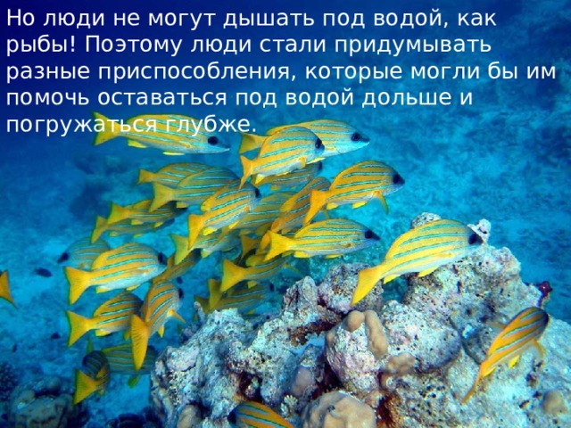 Но люди не могут дышать под водой, как рыбы! Поэтому люди стали придумывать разные приспособления, которые могли бы им помочь оставаться под водой дольше и погружаться глубже. 