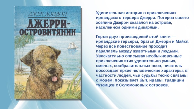 Удивительная история о приключениях ирландского терьера Джерри. Потеряв своего хозяина Джерри оказался на острове, населённом одними дикарями. Герои двух произведений этой книги — ирландские терьеры, братья Джерри и Майкл. Через все повествование проходит параллель между животными и людьми. Увлекательно описывая необыкновенные приключения этих удивительно умных, смелых, сообразительных псов, писатель воссоздает яркие человеческие характеры, в частности людей, чьи судьбы тесно связаны с морем; показывает быт, нравы, традиции туземцев с Соломоновых островов. 