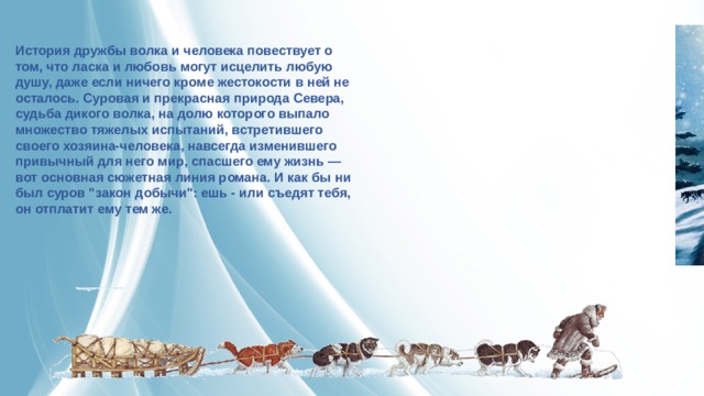 История дружбы волка и человека повествует о том, что ласка и любовь могут исцелить любую душу, даже если ничего кроме жестокости в ней не осталось. Суровая и прекрасная природа Севера, судьба дикого волка, на долю которого выпало множество тяжелых испытаний, встретившего своего хозяина-человека, навсегда изменившего привычный для него мир, спасшего ему жизнь — вот основная сюжетная линия романа. И как бы ни был суров 