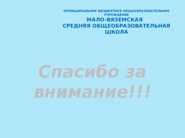 МУНИЦИПАЛЬНОЕ БЮДЖЕТНОЕ ОБЩЕОБРАЗОВАТЕЛЬНОЕ УЧРЕЖДЕНИЕ  МАЛО-ВЯЗЕМСКАЯ СРЕДНЯЯ ОБЩЕОБРАЗОВАТЕЛЬНАЯ ШКОЛА Спасибо за внимание!!!     