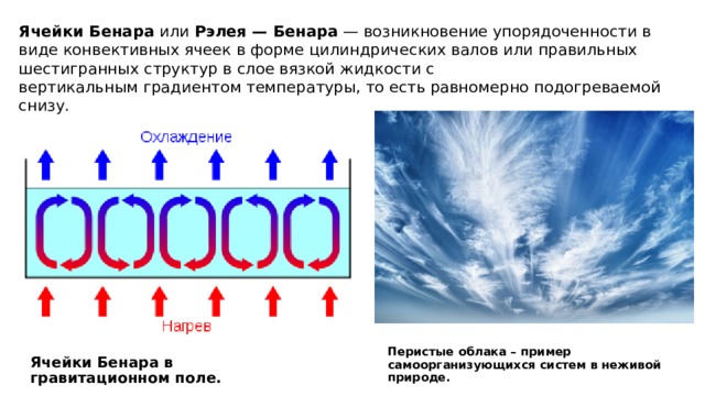 Ячейки Бенара  или  Рэлея — Бенара  — возникновение упорядоченности в виде конвективных ячеек в форме цилиндрических валов или правильных шестигранных структур в слое вязкой жидкости с вертикальным градиентом температуры, то есть равномерно подогреваемой снизу. Перистые облака – пример самоорганизующихся систем в неживой природе. Ячейки Бенара в гравитационном поле. 