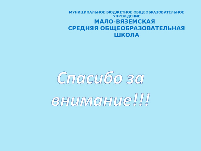 МУНИЦИПАЛЬНОЕ БЮДЖЕТНОЕ ОБЩЕОБРАЗОВАТЕЛЬНОЕ УЧРЕЖДЕНИЕ  МАЛО-ВЯЗЕМСКАЯ СРЕДНЯЯ ОБЩЕОБРАЗОВАТЕЛЬНАЯ ШКОЛА       