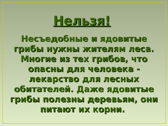 Нельзя!   Несъедобные и ядовитые грибы нужны жителям леса. Многие из тех грибов, что опасны для человека - лекарство для лесных обитателей. Даже ядовитые грибы полезны деревьям, они питают их корни.  