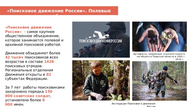 «Поисковое движение России». Полевые работы «Поисковое движение России» - самое крупное общественное объединение, которое занимается полевой и архивной поисковой работой. Движение объединяет более 42 тысяч поисковиков всех возрастов в составе 1428 поисковых отрядов. Региональные отделения Движения открыты в  82 субъектах Федерации. За 7 лет работы поисковиками захоронено порядка  150 000 советских солдат , установлено более  8 000   имен. Артефакты, найденные в могиле солдата, погибшего в Тверской области в 1942 г. 2016 г. Экспедиции Поискового движения России  
