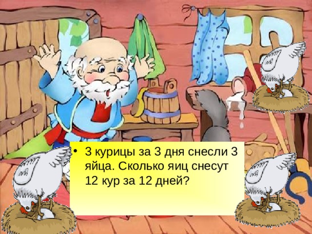 3 курицы за 3 дня снесли 3 яйца. Сколько яиц снесут 12 кур за 12 дней? 