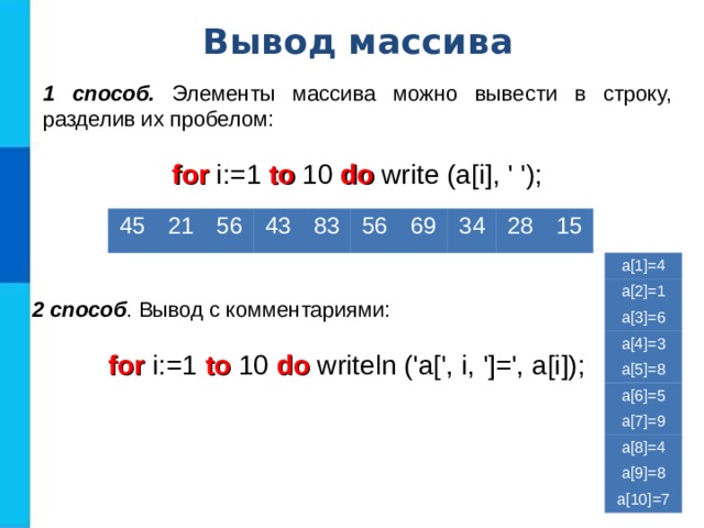 Вывод массива 1 способ. Элементы массива можно вывести в строку, разделив их пробелом: for i:=1 to 10 do write (a[i], ' '); 45 21 56 43 83 56 69 34 28 15 a[1]=4 a[2]=1 a[3]=6 a[4]=3 a[5]=8 a[6]=5 a[7]=9 a[8]=4 a[9]=8 a[10]=7 2 способ . Вывод с комментариями: for i:=1 to 10 do writeln ('a[', i, ']=', a[i]); 