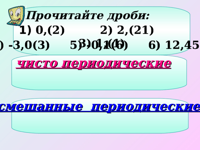 Прочитайте дроби:  0,(2) 2) 2,(21) 3) 1,(1)  0,(2) 2) 2,(21) 3) 1,(1)  4) -3,0(3) 5) -0,1(6) 6) 12,45(7)  4) -3,0(3) 5) -0,1(6) 6) 12,45(7) чисто периодические смешанные периодические 