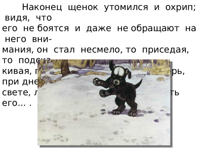  Наконец щенок утомился и охрип; видя, что его не боятся и даже не обращают на него вни- мания, он стал несмело, то приседая, то подска- кивая, подходить к волчатам. Теперь, при дневном свете, легко уже было рассмотреть его... . 