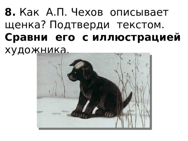 8. Как А.П. Чехов описывает щенка? Подтверди текстом. Сравни его с иллюстрацией художника.  
