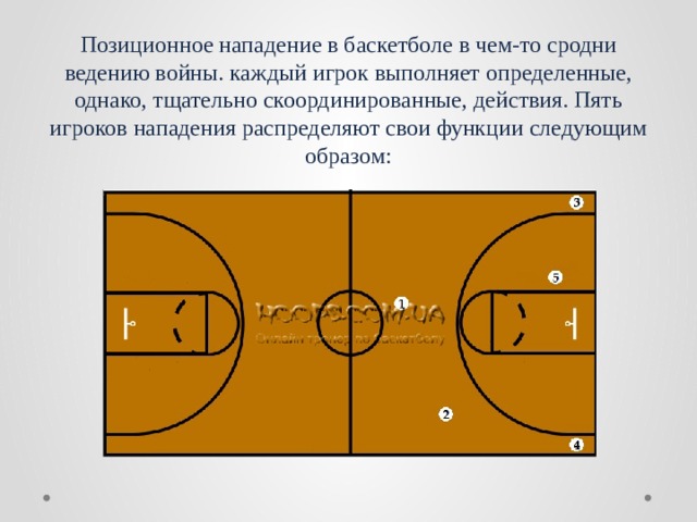 Позиционное нападение в баскетболе в чем-то сродни ведению войны. каждый игрок выполняет определенные, однако, тщательно скоординированные, действия. Пять игроков нападения распределяют свои функции следующим образом: 