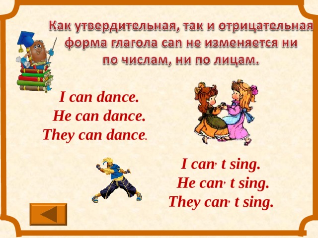 I can dance.  He can dance. They can dance . I can , t sing.  He can , t sing. They can , t sing.