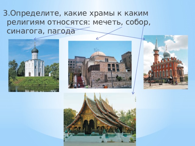 3.Определите, какие храмы к каким религиям относятся: мечеть, собор, синагога, пагода 