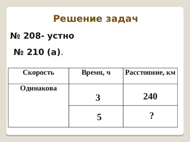 Решение задач № 208- устно № 210 (а) . Скорость Одинакова Время, ч Расстояние, км 240 3 ? 5 