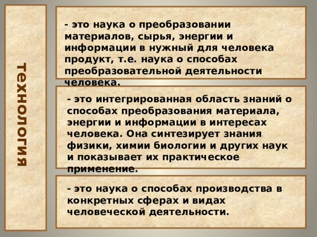 технология - это наука о преобразовании материалов, сырья, энергии и информации в нужный для человека продукт, т.е. наука о способах преобразовательной деятельности человека. - это интегрированная область знаний о способах преобразования материала, энергии и информации в интересах человека. Она синтезирует знания физики, химии биологии и других наук и показывает их практическое применение. - это наука о способах производства в конкретных сферах и видах человеческой деятельности. 