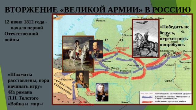 ВТОРЖЕНИЕ «ВЕЛИКОЙ АРМИИ» В РОССИЮ  12 июня 1812 года - начало первой Отечественной войны  « Победить не берусь, перехитрить попробую». «Шахматы расставлены, пора начинать игру» /Из романа Л.Н. Толстого «Война и мир»/    А.П. ТОРМАСОВ 