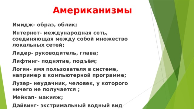  Американизмы Имидж- образ, облик; Интернет- международная сеть, соединяющая между собой множество локальных сетей; Лидер- руководитель, глава; Лифтинг- поднятие, подъём; Логин- имя пользователя в системе, например в компьютерной программе; Лузер- неудачник, человек, у которого ничего не получается ; Мейкап- макияж; Дайвинг- экстримальный водный вид спорта.3 