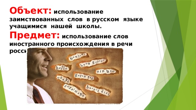 Объект: использование заимствованных слов в русском языке учащимися нашей школы. Предмет: использование слов иностранного происхождения в речи российской молодёжи. 