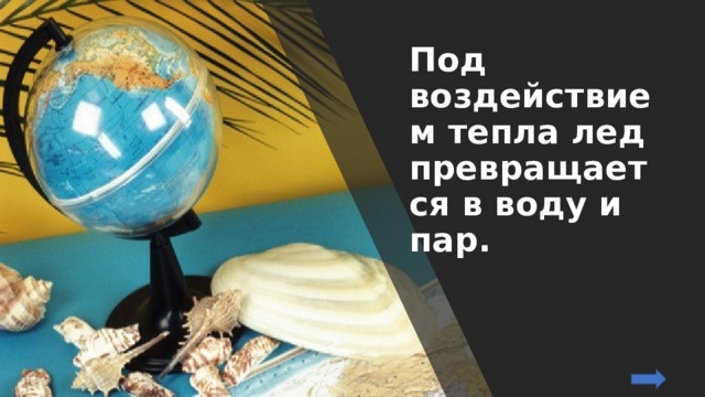Под воздействием тепла лед превращается в воду и пар. 