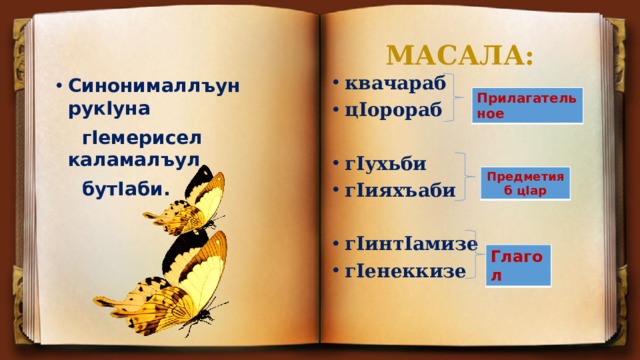 МАСАЛА: квачараб цIорораб  гIухьби гIияхъаби  гIинтIамизе гIенеккизе Синонималлъун рукIуна  гIемерисел каламалъул  бутIаби . Прилагательное  Предметияб цIар Глагол 