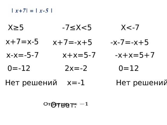 -7≤ХХ≥5 Хх+7=х-5 -х-7=-х+5 х+7=-х+5 х-х=-5-7 х+х=5-7 -х+х=5+7 0=12 2х=-2 0=-12 Нет решений х=-1 Нет решений Ответ:   