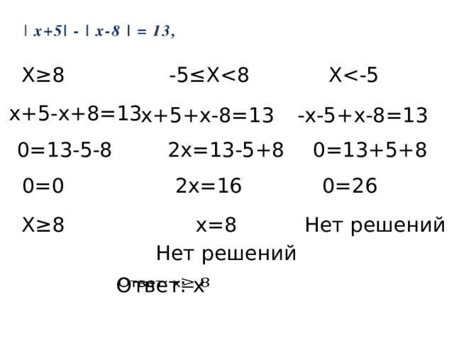Х≥8 Х-5≤Хх+5-х+8=13 х+5+х-8=13 -х-5+х-8=13 0=13-5-8 2х=13-5+8 0=13+5+8 0=0 2х=16 0=26 Х≥8 х=8 Нет решений Нет решений Ответ: х   
