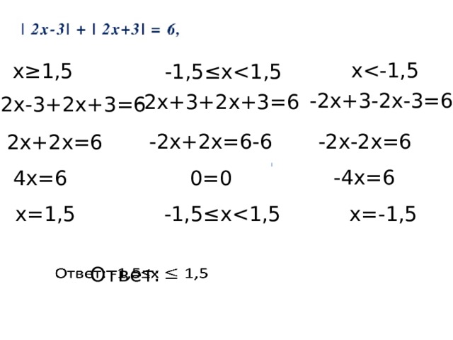 хх≥1,5 -1,5≤х-2х+3-2х-3=6 -2х+3+2х+3=6 2х-3+2х+3=6 -2х-2х=6 -2х+2х=6-6 2х+2х=6 -4х=6 4х=6 0=0 х=1,5 х=-1,5 -1,5≤хОтвет:   