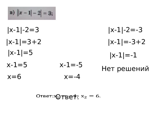 |х-1|-2=-3 |х-1|-2=3 |х-1|=3+2 |х-1|=-3+2 |х-1|=5 |х-1|=-1 х-1=5 х-1=-5 Нет решений х=6 х=-4 Ответ:   
