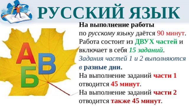 РУССКИЙ ЯЗЫК На выполнение работы по русскому языку даётся 90 минут . Работа состоит из ДВУХ частей и включает в себя 15 заданий . Задания частей 1 и 2 выполняются в разные дни. На выполнение заданий части 1 отводится 45 минут . На выполнение заданий части 2 отводится также 45 минут . 