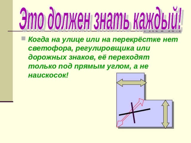 Когда на улице или на перекрёстке нет светофора, регулировщика или дорожных знаков, её переходят только под прямым углом, а не наискосок!  