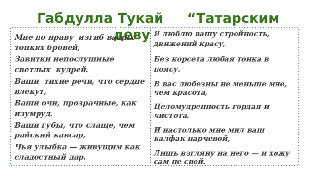 Габдулла Тукай “Татарским девушкам” Я люблю вашу стройность, движений красу, Мне по нраву изгиб ваших тонких бровей, Без корсета любая тонка в поясу. Завитки непослушные светлых кудрей. В вас любезны не меньше мне, чем красота, Ваши тихие речи, что сердце влекут, Целомудренность гордая и чистота. Ваши очи, прозрачные, как изумруд. И настолько мне мил ваш калфак парчевой, Ваши губы, что слаще, чем райский кавсар, Лишь взгляну на него — и хожу сам не свой. Чья улыбка — живущим как сладостный дар. 