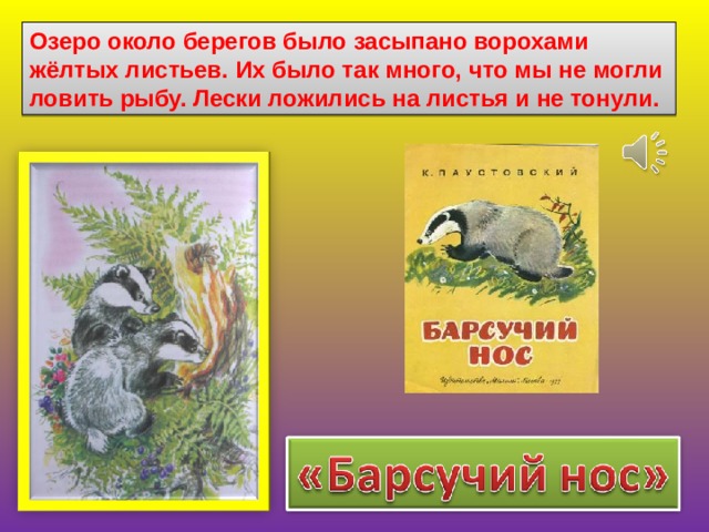 Озеро около берегов было засыпано ворохами жёлтых листьев. Их было так много, что мы не могли ловить рыбу. Лески ложились на листья и не тонули. 