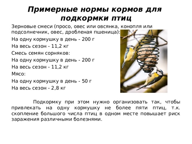 Примерные нормы кормов для подкормки птиц Зерновые смеси (просо, овес или овсянка, конопля или подсолнечник, овес, дробленая пшеница): На одну кормушку в день - 200 г На весь сезон - 11,2 кг Смесь семян сорняков: На одну кормушку в день - 200 г На весь сезон - 11,2 кг Мясо: На одну кормушку в день - 50 г На весь сезон - 2,8 кг  Подкормку при этом нужно организовать так, чтобы привлекать на одну кормушку не более пяти птиц, т.к. скопление большого числа птиц в одном месте повышает риск заражения различными болезнями. 
