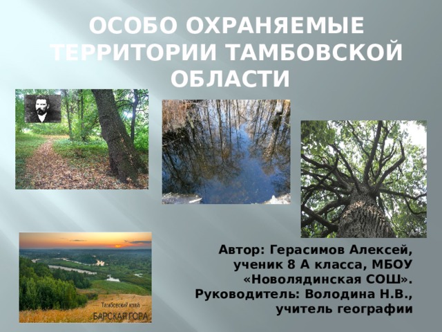 ОСОБО ОХРАНЯЕМЫЕ ТЕРРИТОРИИ ТАМБОВСКОЙ ОБЛАСТИ Автор: Герасимов Алексей, ученик 8 А класса, МБОУ «Новолядинская СОШ». Руководитель: Володина Н.В., учитель географии 