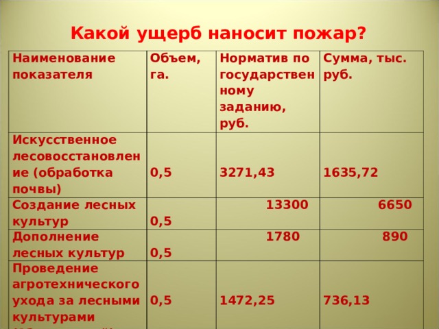 Какой ущерб наносит пожар? Наименование показателя Объем, га. Искусственное лесовосстановление (обработка почвы) Норматив по государственному заданию, руб.   0,5 Создание лесных культур Дополнение лесных культур Сумма, тыс. руб.   3271,43  0,5 Проведение агротехнического ухода за лесными культурами (12 – кратный)  0,5  13300   1635,72  6650  1780   0,5 Итого  890   1472,25   736,13  9110,85 