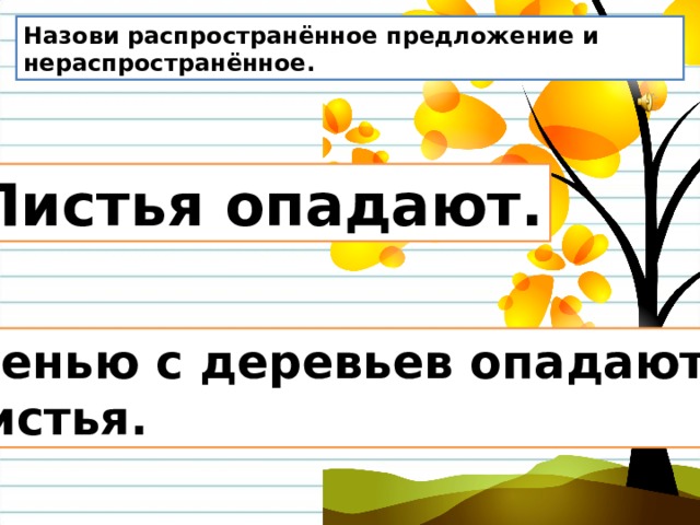 Назови распространённое предложение и нераспространённое. Листья опадают. Осенью с деревьев опадают  листья. 