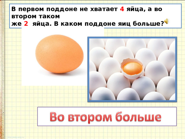 В первом поддоне не хватает 4 яйца, а во втором таком же 2 яйца. В каком поддоне яиц больше? 