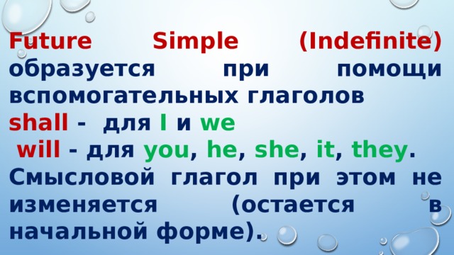 Future Simple (Indefinite) образуется при помощи вспомогательных глаголов shall - для I и we  will - для you , he , she , it , they . Смысловой глагол при этом не изменяется (остается в начальной форме). 