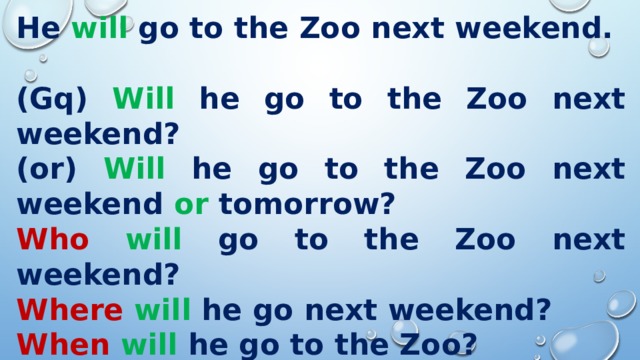 He will go to the Zoo next weekend.  (Gq) Will he go to the Zoo next weekend? (or) Will he go to the Zoo next weekend or tomorrow? Who will go to the Zoo next weekend? Where  will he go next weekend? When  will he go to the Zoo? (NS) He will not ( won’t ) go to the Zoo next weekend.  