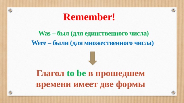 Remember! Was – был (для единственного числа) Were – были (для множественного числа) Глагол  to be в прошедшем времени имеет две формы 