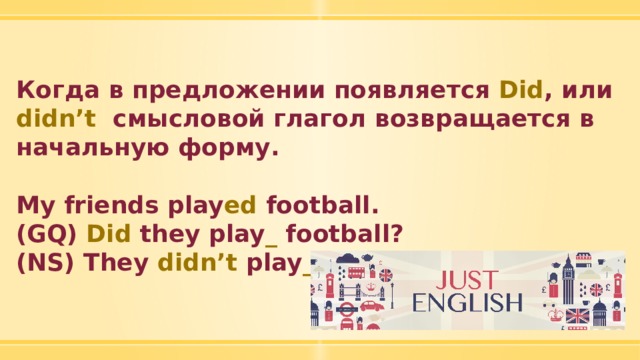 Когда в предложении появляется Did , или didn’t смысловой глагол возвращается в начальную форму.  My friends play ed football. (GQ) Did they play _ football? (NS) They didn’t play _ football. 