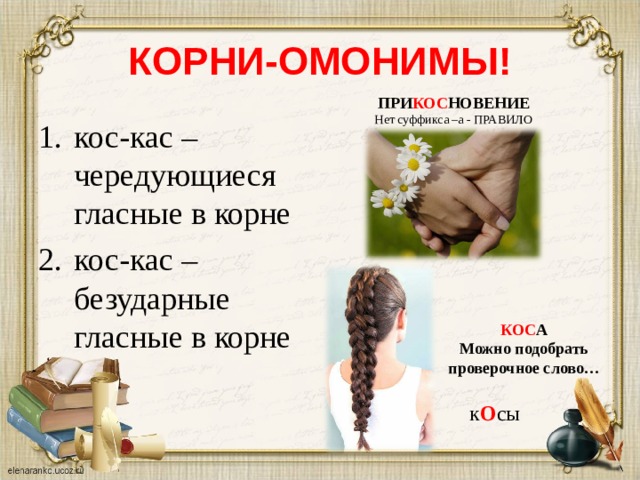 КОРНИ-ОМОНИМЫ! ПРИ КОС НОВЕНИЕ Нет суффикса –а - ПРАВИЛО кос-кас – чередующиеся гласные в корне кос-кас – безударные гласные в корне КОС А Можно подобрать проверочное слово… к О сы  