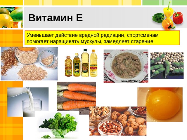 Витамин Е Уменьшает действие вредной радиации, спортсменам помогает наращивать мускулы, замедляет старение. 10 