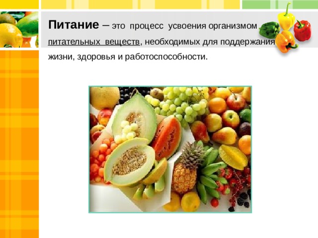 Питание – это процесс усвоения организмом питательных веществ , необходимых для поддержания жизни, здоровья и работоспособности. 