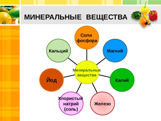  МИНЕРАЛЬНЫЕ  ВЕЩЕСТВА   Соли фосфора Магний Кальций  Минеральные вещества Йод Калий Железо Хлористый натрий (соль) 10 