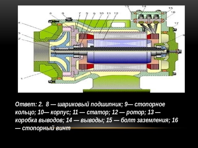 Ответ: 2. 8 — шариковый подшипник; 9— стопорное кольцо; 10— корпус; 11 — статор; 12 — ротор; 13 — коробка выводов; 14 — выводы; 15 — болт заземления; 16 — стопорный винт  