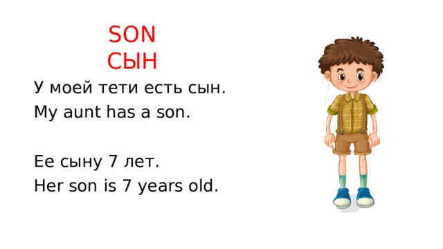 SON  СЫН У моей тети есть сын. My aunt has a son. Ее сыну 7 лет. Her son is 7 years old. 